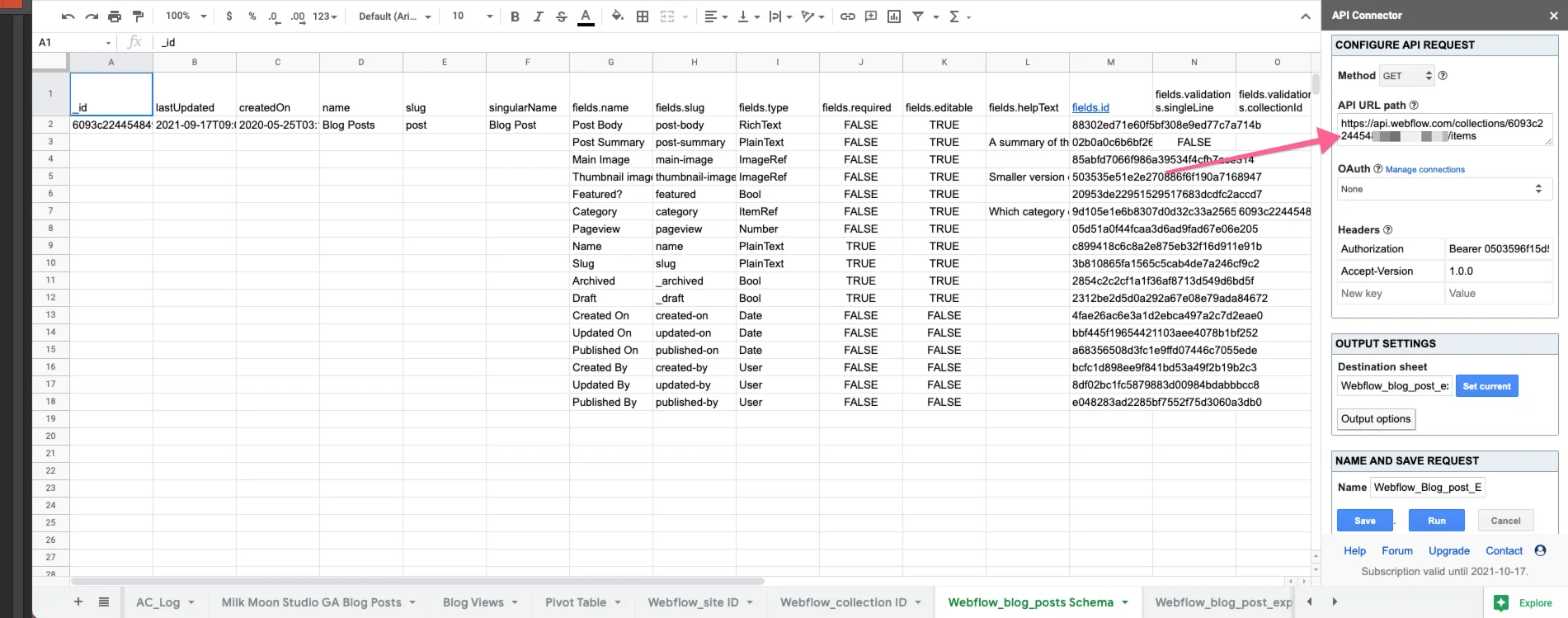 Configure Webflow API Request in Google Sheets