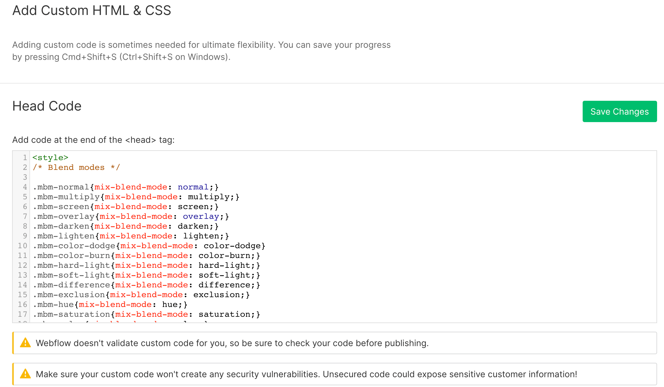 Blend Modes in Head Code of Project Settings