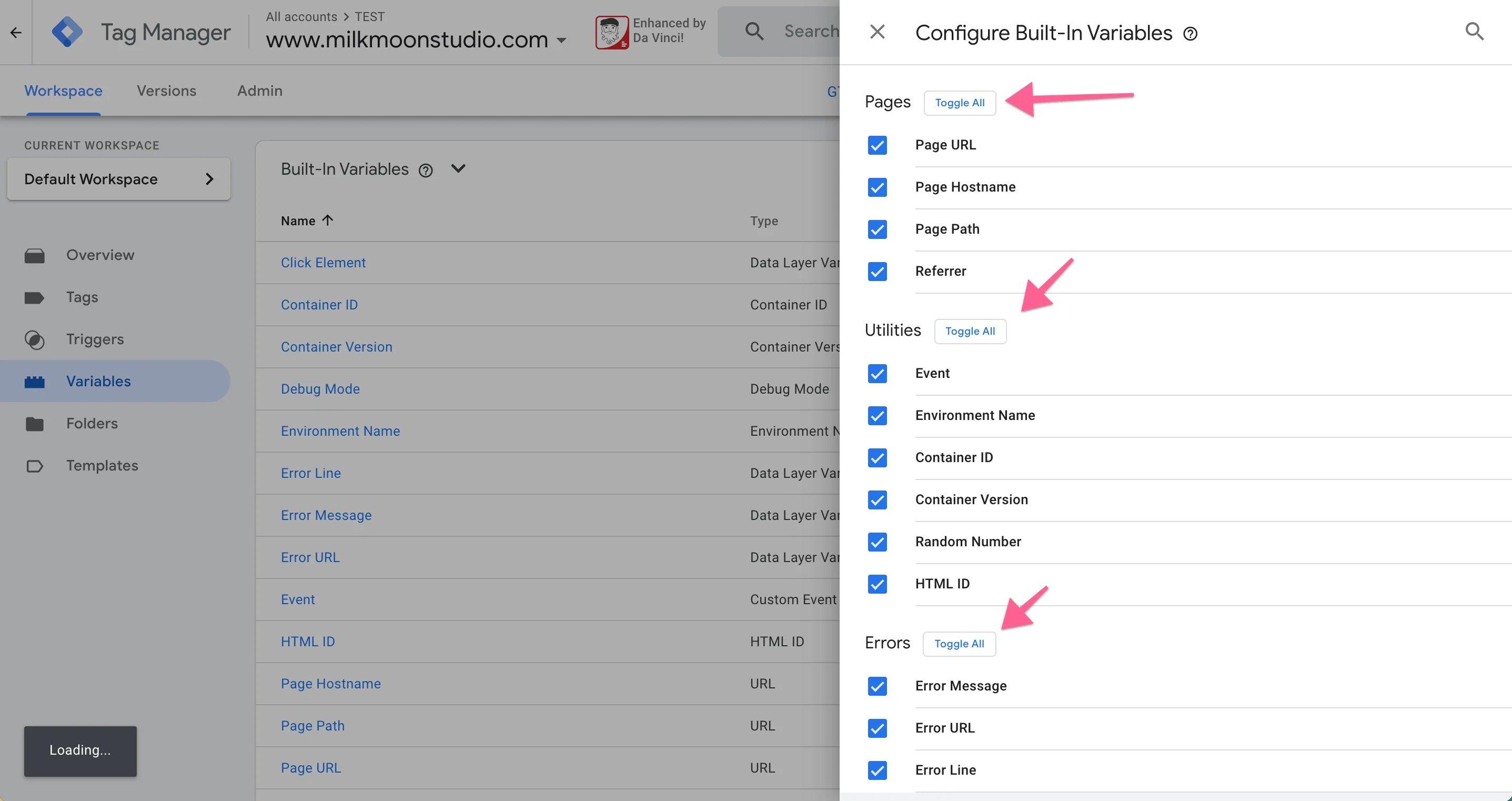 Select the variables you’re going to need in Tag Manager