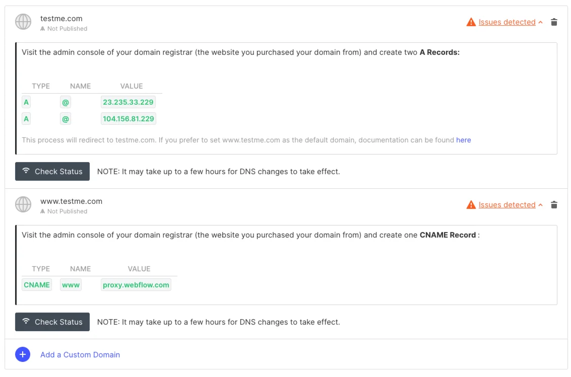 Save the non-ssl Webflow DNS settings