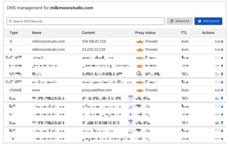Add Webflow DNS settings to Cloudflare