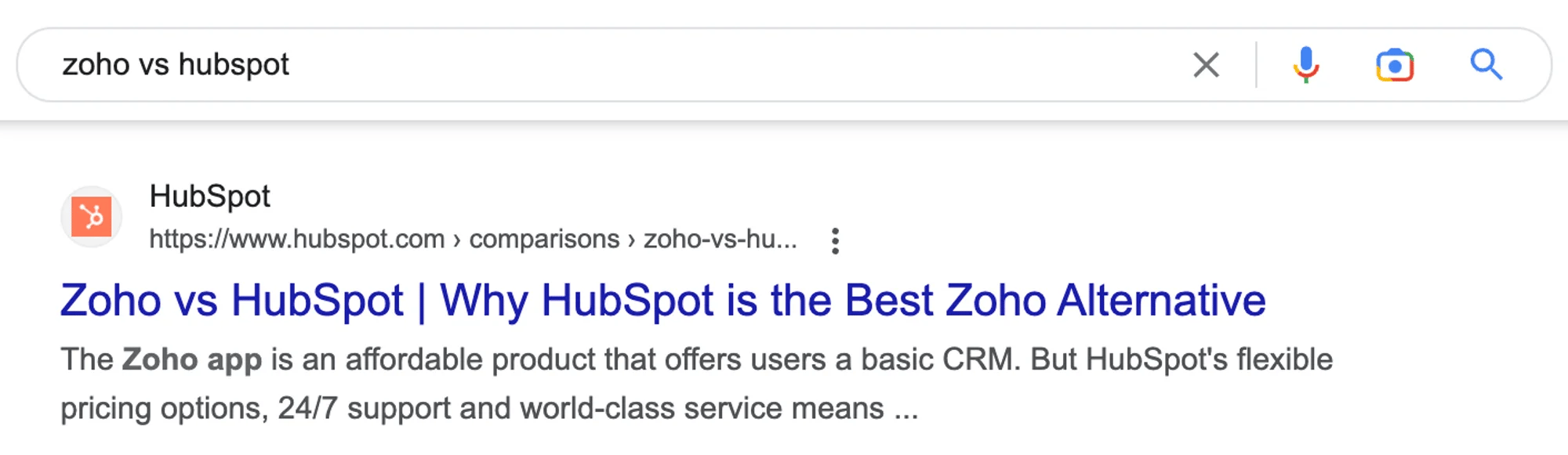 Example of competitor programmatic landing page: Zoho vs Hubspot