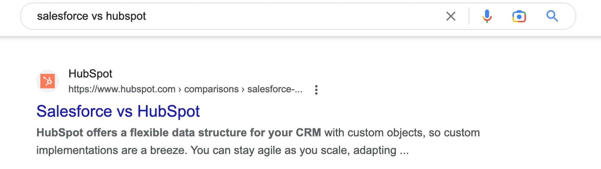 Example of competitor programmatic landing page: Salesforce vs Hubspot